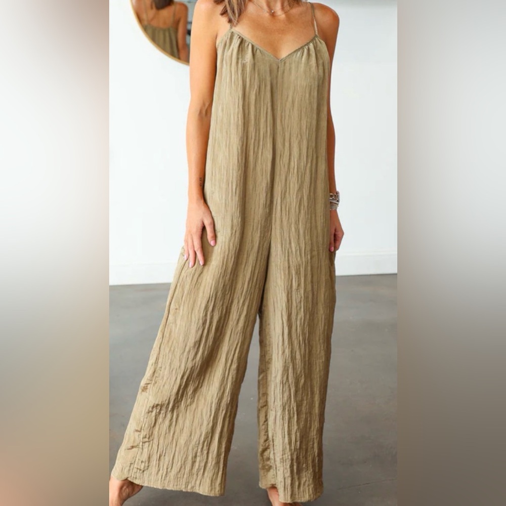 ASOS Crinkle Wide-Leg Strappy Jumpsuit in Khaki